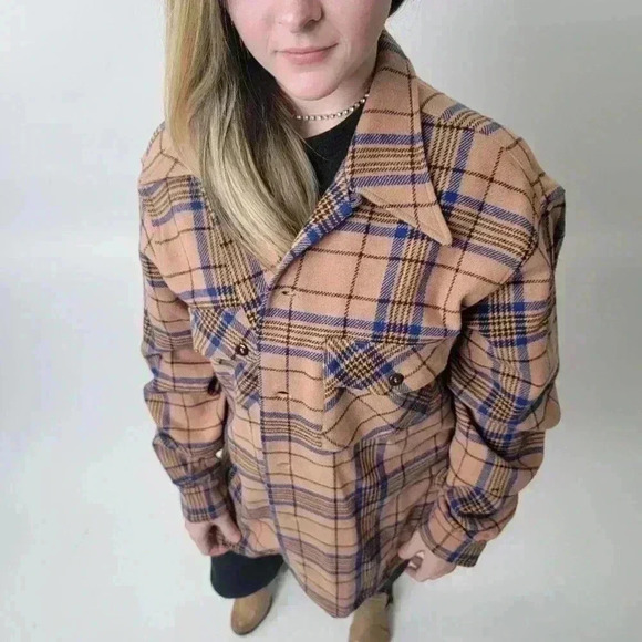 Vintage 70s Mod Wool Scottish Plaid Flannel Long Sleeve Button Down Shirt - Picture 1 of 6